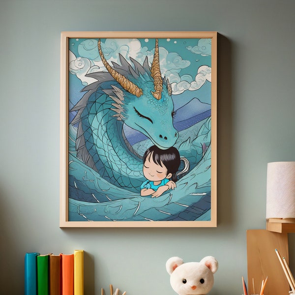 Digital Art: Adorable Chinese Azure Blue Dragon Guardian Watching Over Sleeping Girl - Dreamy Fantasy Illustration - Nursery Decor Print