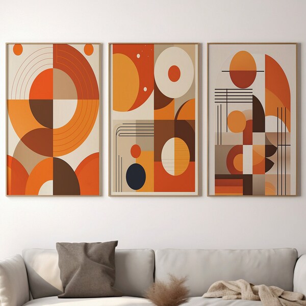 Mid-Century Modern Art Prints - Set of 3 Digital Images, Clean Lines, Bold Design, Orange Brown Cream, Geometric Forms, Minimalist Decor
