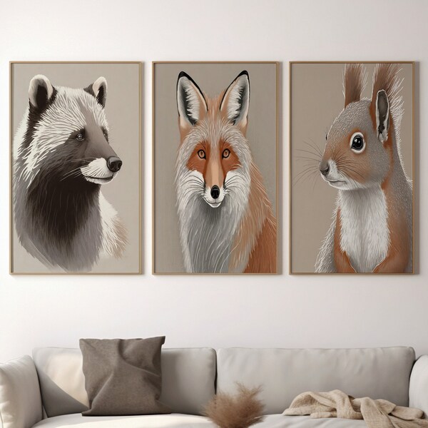 Scandinavian Wildlife Minimalist Portraits: Red Fox, Squirrel & Wolverine Digital Prints - Clean Lines, Neutral Palette, Subtle Details