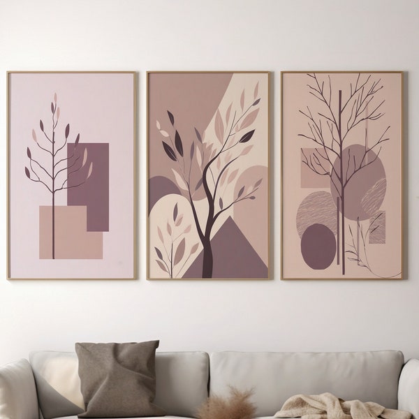 Minimalist Geometric Patterns: Branch-Inspired Designs in Pastel Dusty Rose, Antique Rose, Rosewood, Muted Mauve - Digital Art Prints