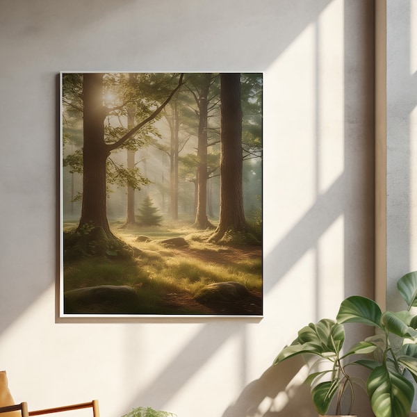 Minimalist Boho Landscape Art Print - Peaceful Forest Scene Digital Download - Early Summer Morning Sunlight - Nature Wall Art Decor