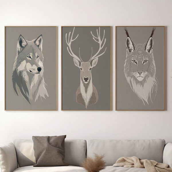 Scandinavian Wildlife Minimalist Portraits: Reindeer, Wolf, Lynx | Digital Art Prints | Neutral Palette | Clean Lines | Subtle Details