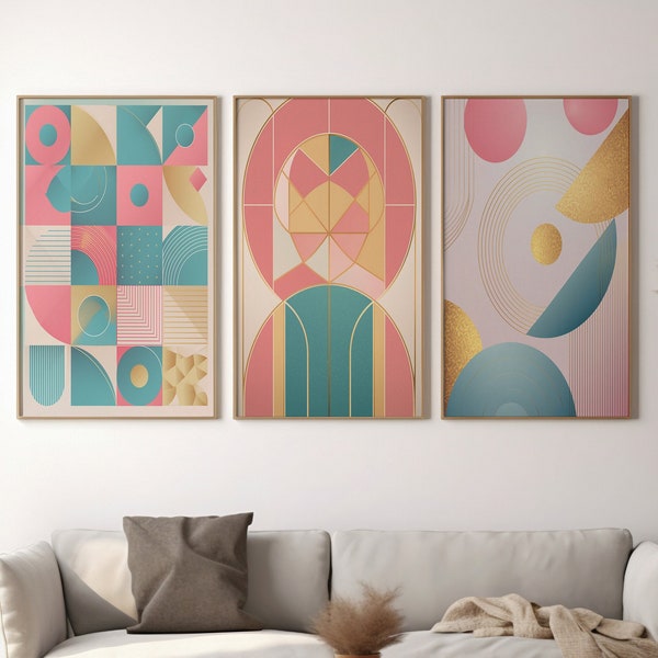 Mid-Century Modern Art Print Set | Pink Aqua Gold | Organic Geometric Shapes | Abstract Nature Inspired | Digital Download | Wall Art Trio