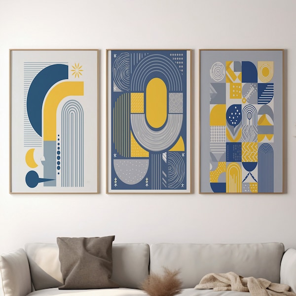 Mid-Century Modern Art Prints: Navy Blue, Yellow, Gray | Abstract Nature Inspired Geometric Wall Art | Digital Download | Clean Lines