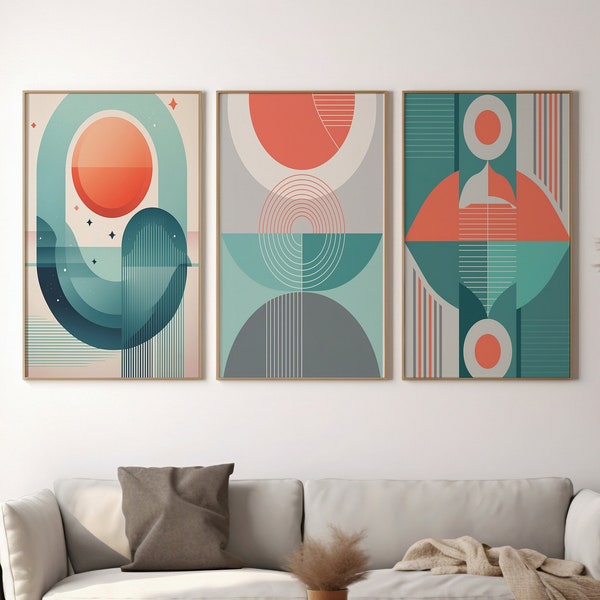 Mid-Century Modern Art Prints - Turquoise Coral Gray - Abstract Organic Geometric Shapes - Nature Inspired Wall Art - Instant Download