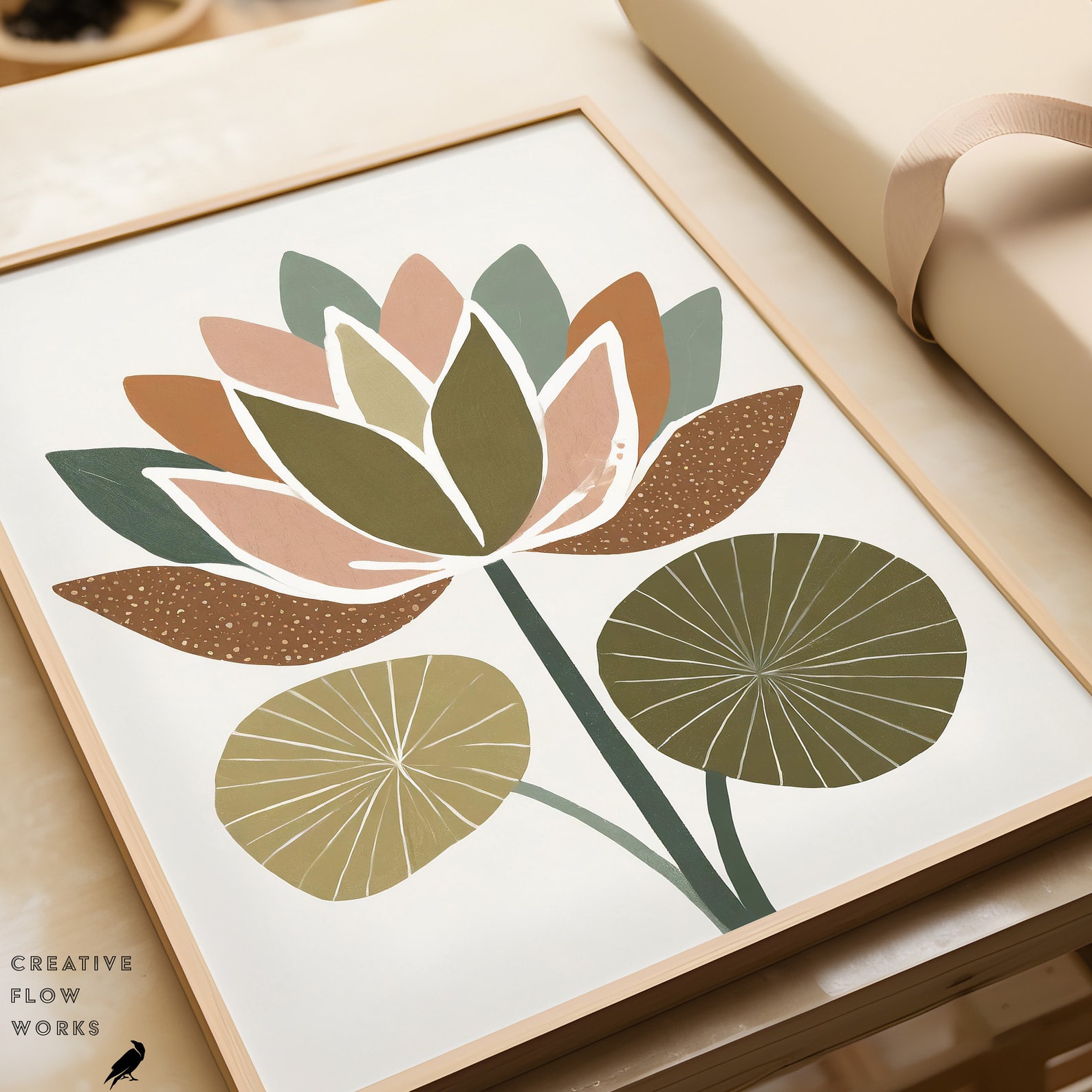 Lotus Flower Digital Prints: Boho Rainbow Minimalist Art in Olive Green ...