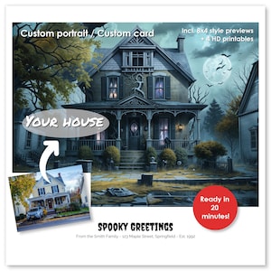 Portrait de maison hantée personnalisé à partir d'une photo | Incl. 4 impressions numériques HD | Carte d'Halloween | Manoir hanté portrait effrayant | Carte personnalisée