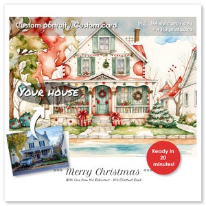Retrato de casa de Natal personalizado a partir de foto | Inclui 4 impressões digitais em HD | Cartão de Natal | Saudações de Ano Novo | Retrato de casa em aquarela