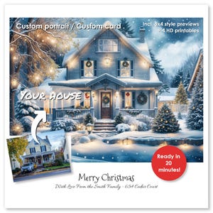 Portrait de maison de Noël personnalisé à partir de la photo | Incl. 4 impressions numériques HD | Carte de Noël | Voeux du Nouvel An | Portrait de maison à l'aquarelle