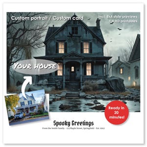 Portrait Custom House à partir de la photo | Incl. 4 impressions numériques HD | Carte Halloween originale | Manoir hanté portrait effrayant | Carte personnalisée