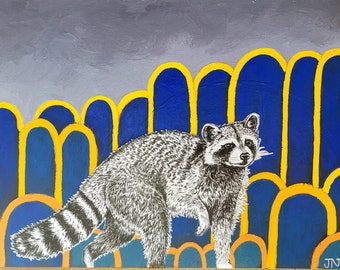 Raccoon mixed media art. Pen illustration on paper, collaged to acrylic painted wood panel. Wildlife art. Original art.
