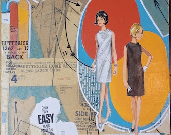 Butterick 4367 sewing pattern mixed media collage on wood panel