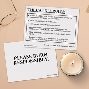 Candle Care Card Printable Editable Template, Burn Responsibly, Candle Rules Card, Package Insert, Candle Making, Candle Supplies