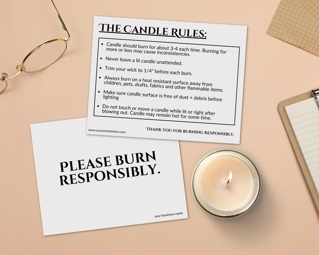 Candle Care Card Printable Editable Template, Burn Responsibly, Candle Rules Card, Package