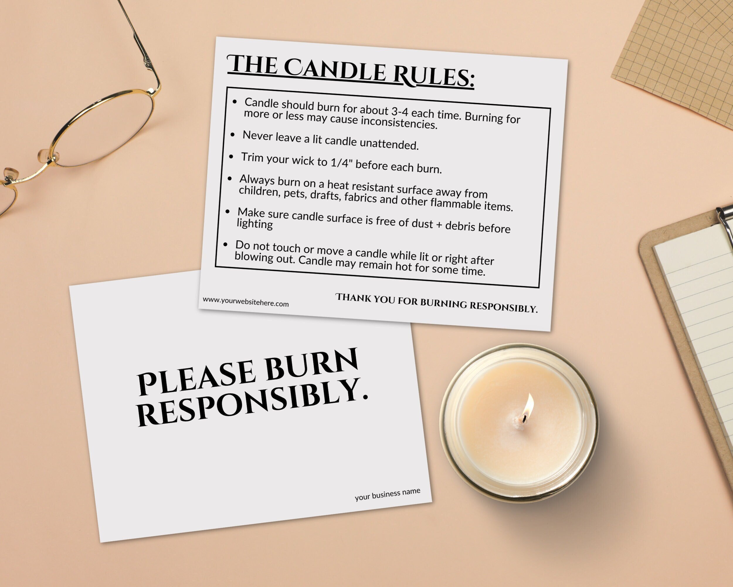 Candle Care Card Printable Editable Template, Burn Responsibly, Candle