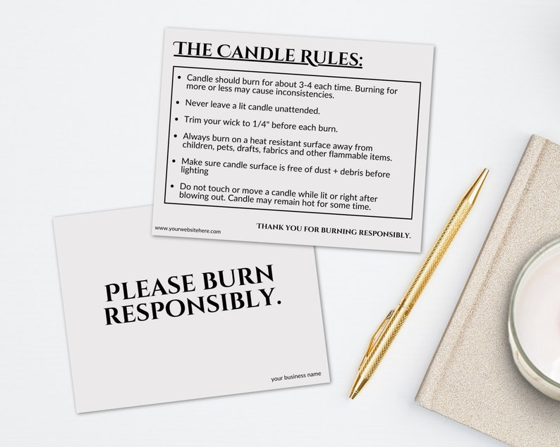 Candle Care Card Printable Editable Template, Burn Responsibly, Candle