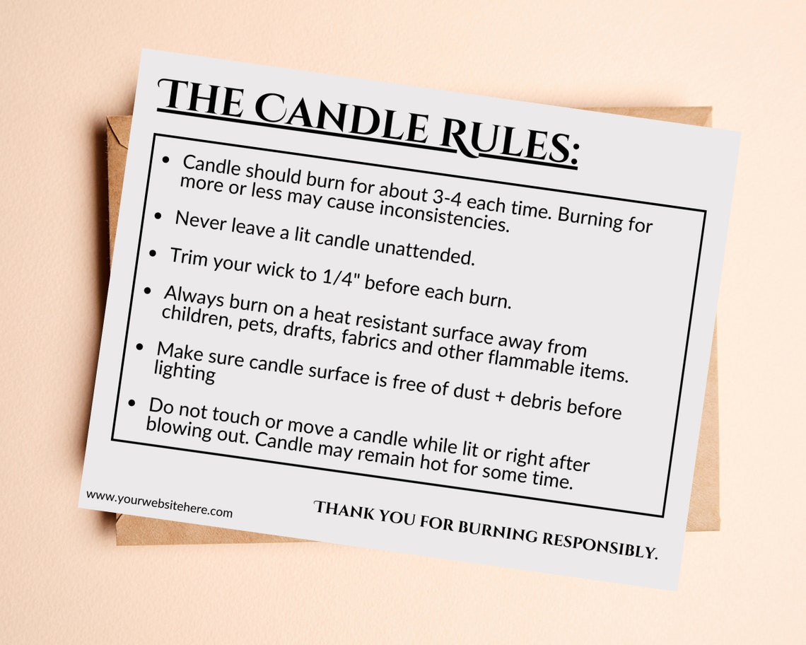 Candle Care Card Printable Editable Template, Burn Responsibly, Candle Rules Card, Package