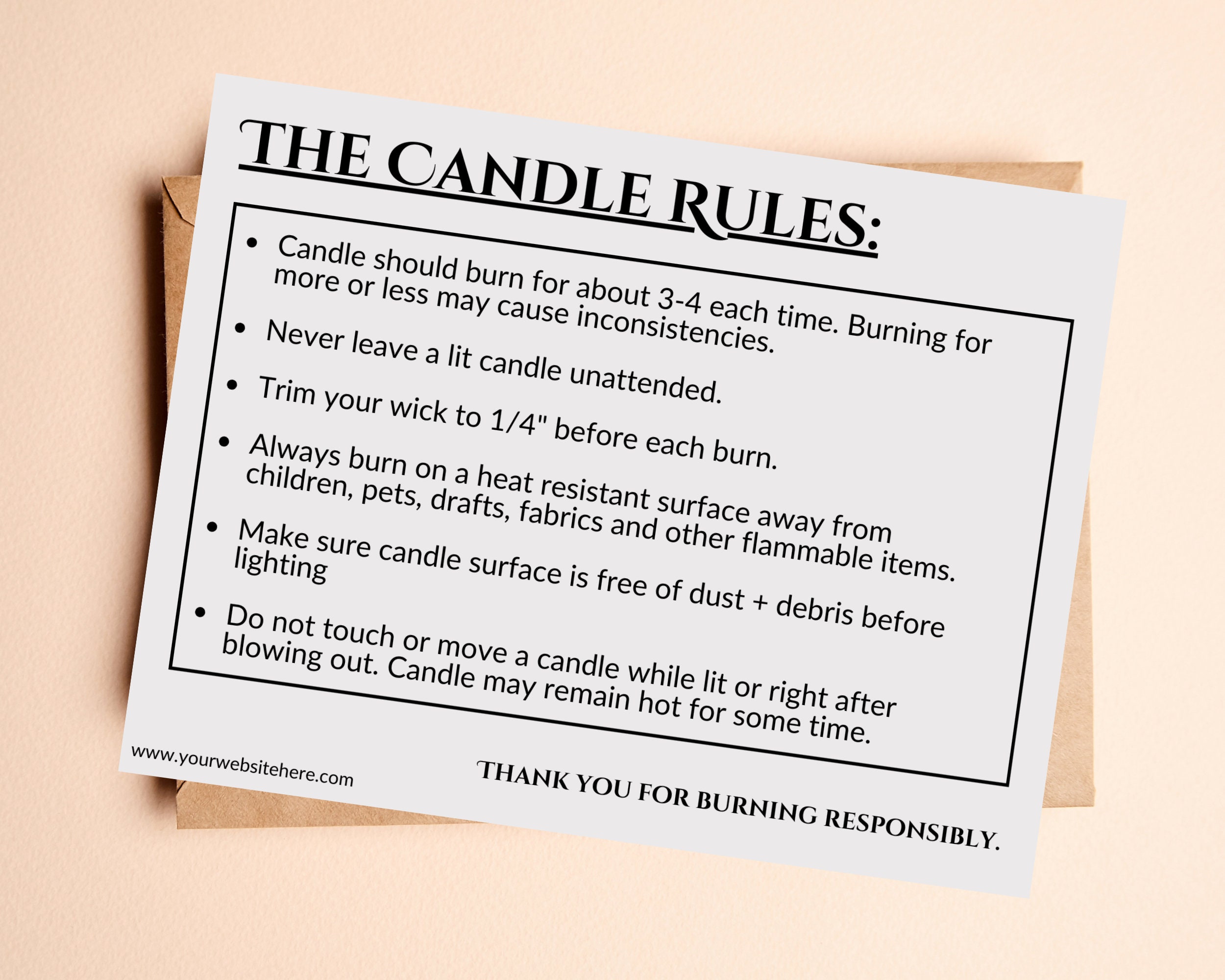 Candle Care Card Printable Editable Template, Burn Responsibly, Candle Rules Card, Package