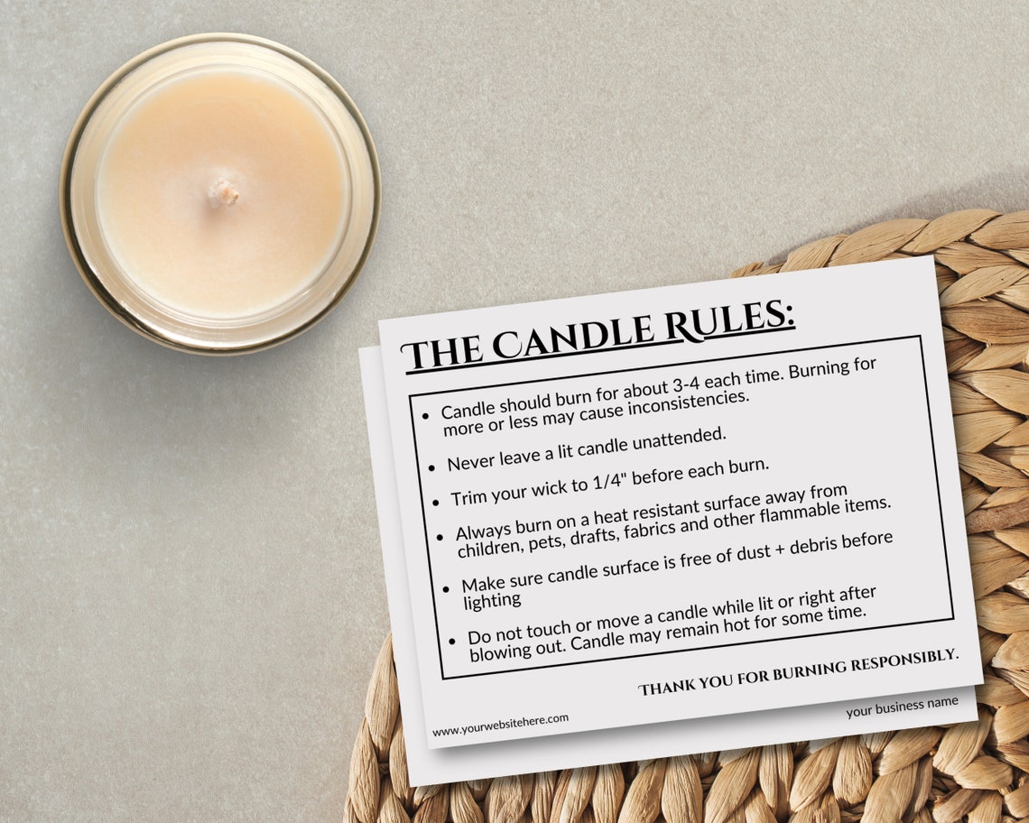 Candle Care Card Printable Editable Template, Burn Responsibly, Candle Rules Card, Package