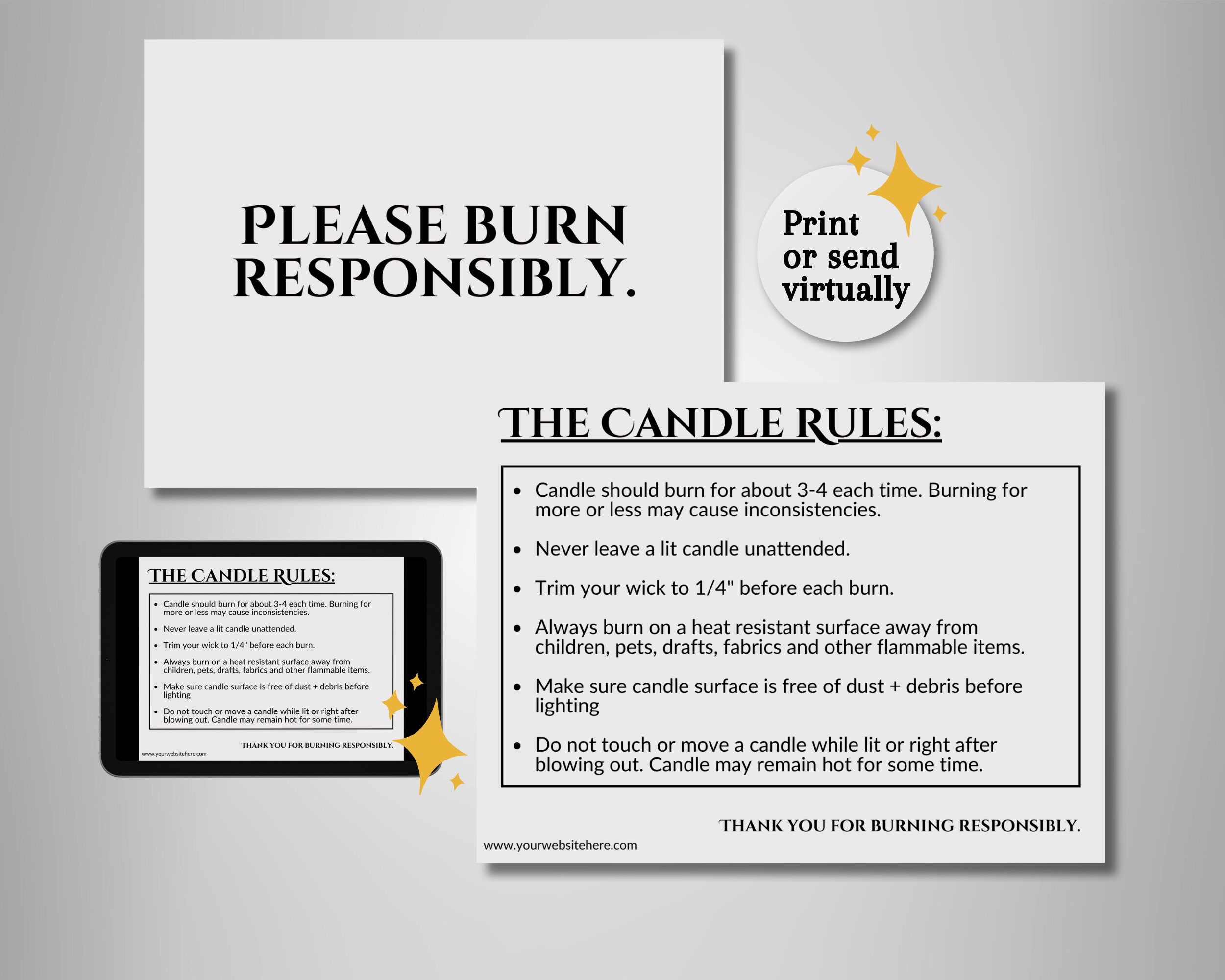 Candle Care Card Printable Editable Template, Burn Responsibly, Candle Rules Card, Package