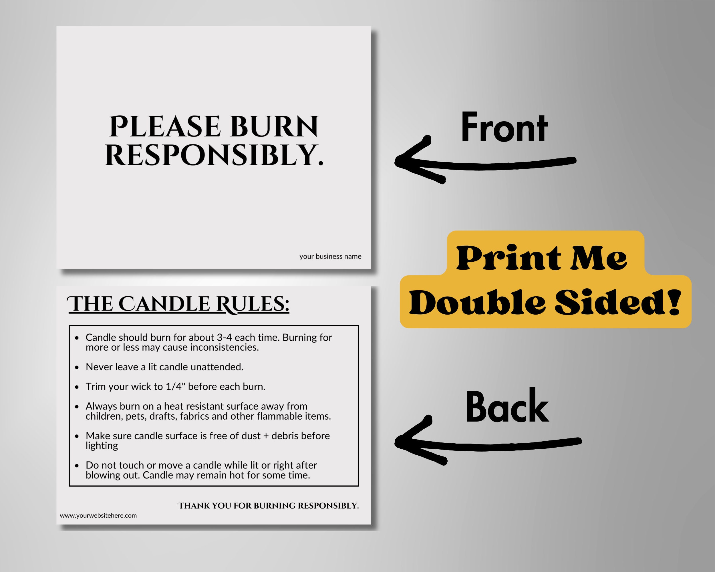 Candle Care Card Printable Editable Template, Burn Responsibly, Candle Rules Card, Package