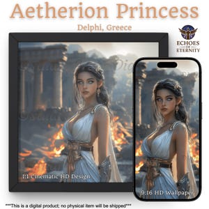 Princesa Aetherion, descarga digital instantánea, fondo de pantalla para iOS y Android, Grecia, Apocalipsis, Diosa guerrera, arte de ciencia ficción griego