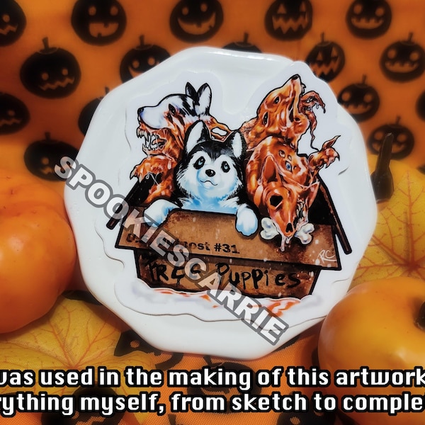 May include: A white, octagonal ceramic plate with a spooky dog-themed illustration. The plate features a husky-like dog and two other dogs with a Halloween theme. The plate is surrounded by pumpkins and fall foliage. Text on the plate reads "Spookies" and "Host #31".