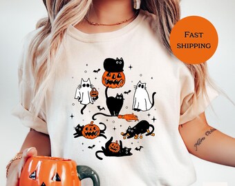 Comfort Colors Halloween Shirt, Cat Shirt, Ghost Shirt, Black Cat, Halloween Cat Shirt,Cat Lover shirt, Halloween Kitty Tee, Halloween gift