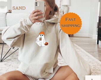 Sudadera con capucha Little Ghost Ice Coffee, sudadera con capucha Ghost, sudadera de Halloween, linda camiseta de Halloween, sudadera con capucha Little Ghost Ice Coffee