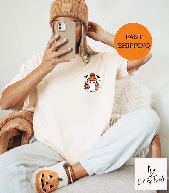 Comfort Colors® Сute Ghost Coffee Shirt, Сute Little Ghost Iced Coffee t-shirt, Boo Ghost Shirt, Ghost Coffee Shirt, Halloween Coffee Lover