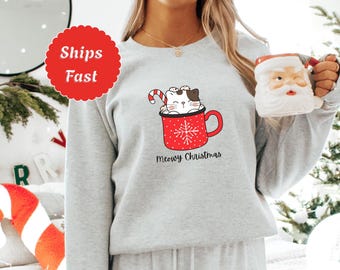 Meowy Christmas Sweatshirt, Christmas Kitty Shirt, Christmas Hoodie, Christmas Hot Cocoa Shirt, Christmas Gift, Christmas Kitty Sweatshirt