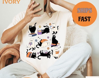 Comfort Colors Ghost Black Cat Reading Books Shirt, Halloween Cat shirt, Halloween Shirt, Teacher Gift, Bookish Cat Shirt, Librarian Shirt