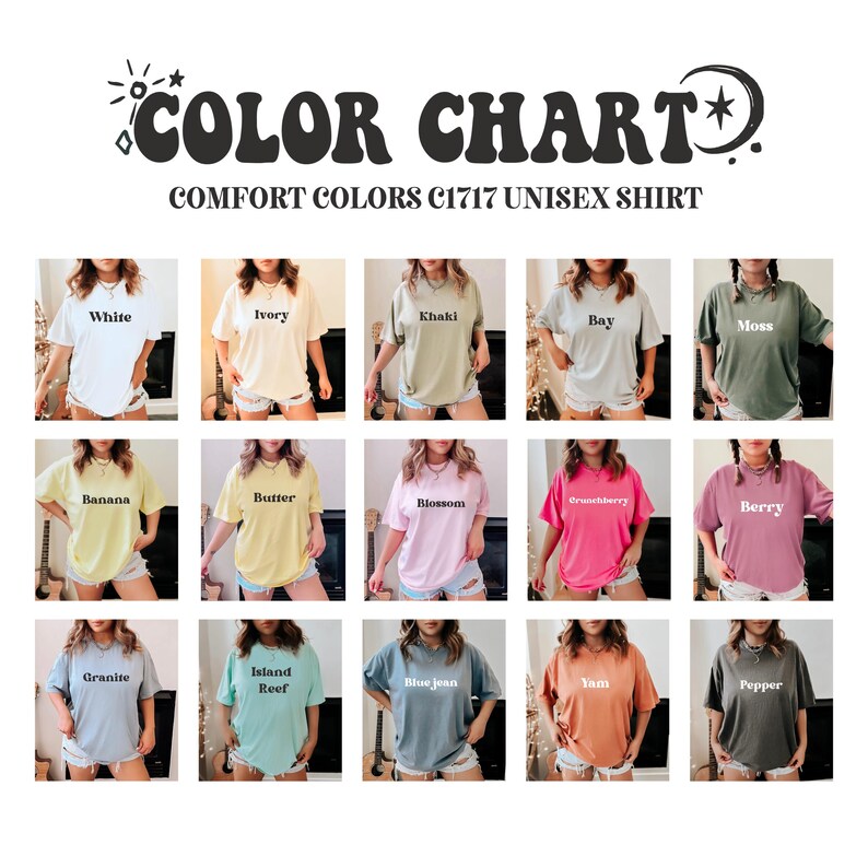 Pu&ograve; includere: Tabella colori che mostra 15 colori diversi di t-shirt unisex. I colori sono: Bianco, Avorio, Khaki, Baia, Muschio, Banana, Burro, Fiore, Cranberry, Bacca, Granito, Scogliera dell'isola, Jeans blu, Yam e Pepe.