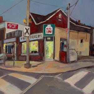 Impression d'art paysage urbain de Toronto Twighlight Corner Shop Scene amicale quartier floral magasin d'art Poster au format personnalisé par Tubesqueezerfineart
