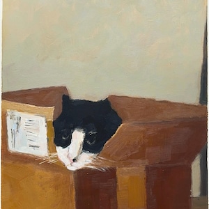 Tuxedo Cat in a Box Giclée Print, Whimsical Feline Art