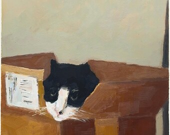 Tuxedo Katze in einer Box Giclée Druck, Skurril Feline Kunst