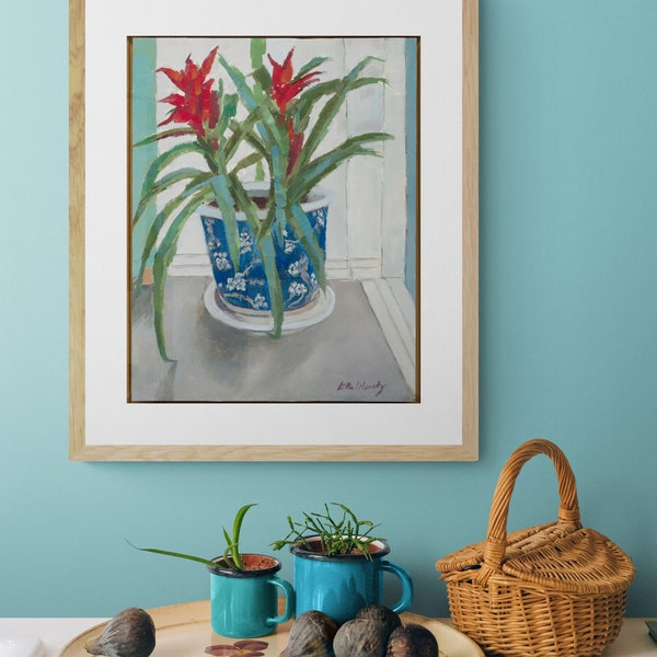 Tropical Red Flower Art Print|Orante  Chinese Pot Poster|Exotic Still Life Image Bromeliaceae|Giclee Print Available All Sizes Wall Decor