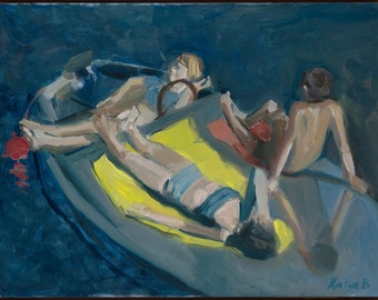 Impresión artística de verano en el lago Muskoka, Canadá, con niños en un bote, impresión personalizada / póster giclée vibrante de tamaño personalizado de Tubesqueezerfineart