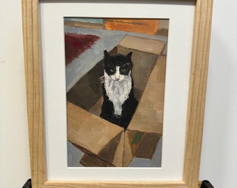 Black  Cat Original Oil Portrait|  Small Tuxedo Cat in Box Painting| Frisky Feline Image|Unique Original Playful Canadian Art