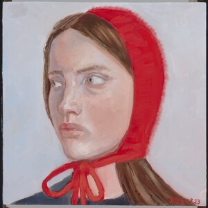 May include: A painting of a person with long brown hair wearing a red knitted hat with a bow. The person is looking to the left of the image.
