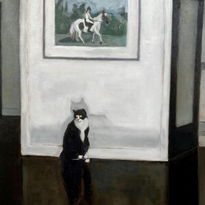 Black and White Cat  Art Print Cute Tuxedo Kitten Poster Elegant and Mysterious Custom Size Wall Art By Tubesqueezerfineart