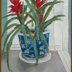 May include: An oil painting of a potted plant with red flowers and long green leaves. The plant is in a blue and white patterned pot, sitting on a white saucer. The background shows a window with white vertical blinds.