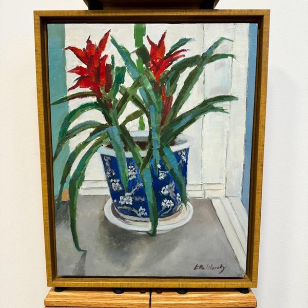 Luminous BROMELIACEAE Red FlowerOil Painting| Chinese Ornate Pot Still Life Art| Intense Tropical Flower Image| Original Canadian Art