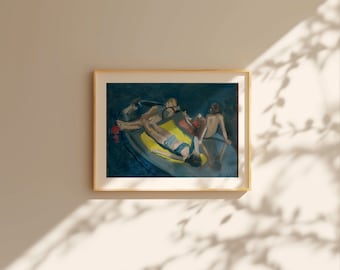 Children in Dinghy Boat Art Poster| Canadian Muskoka Summer Lake Holiday Wall Decor|Vivid Giclee Print| Poster Available in All Sizes|