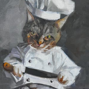 Chef Cat Art Print Whimsical Kitchen Decor Cute Culinary Kitten Poster Custom Size By Tubesqueezerfineart
