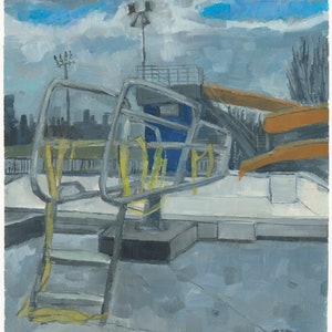 May include: A gray, metal diving board with yellow safety ropes and a blue building in the background. The sky is cloudy with a few patches of blue.