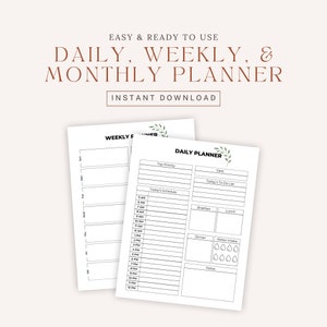 Undated Printable Planner, Daily Planner, Weekly Planner, Monthly Planner, Minimalist Design Planner