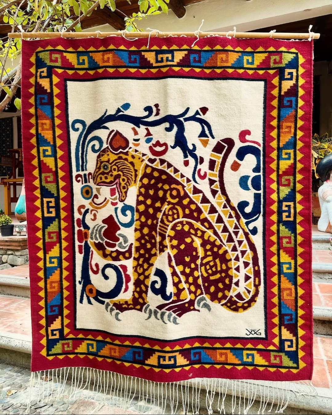 Handwoven Colorful Wool Zapotec Rug From Teotitlan Del Valle