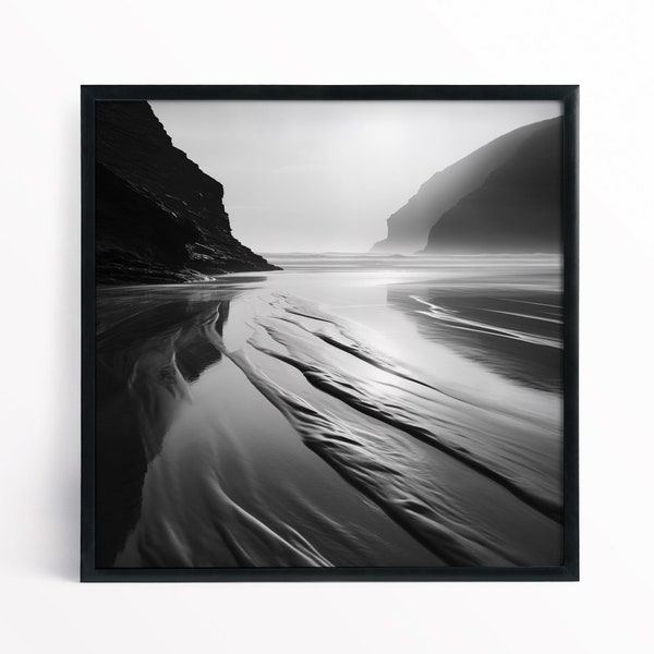 Plage de la côte des Cornouailles de Watergate Bay, impression noir et blanc, paysage de la côte sud-ouest