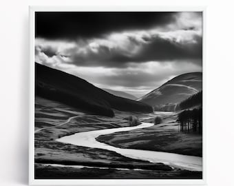 Cairngorms, Écosse, paysage noir et blanc, impression du parc national des Cairngorms en Écosse